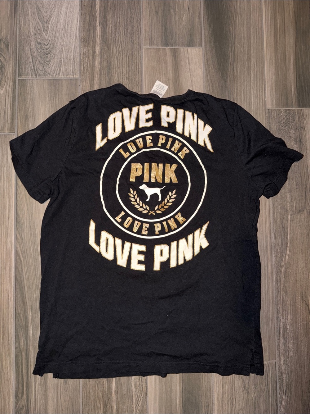 PINK Victoria's Secret Black Tee with Gold 'Love Pink' Back Graphic